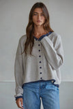 Taupe Ecru Orange Trim Sweater Crew Neck Cardigan