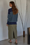 Knit Sweater Striped Pullover Top: Navy Mint / L