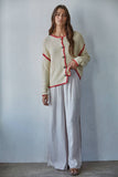 Beige Sweater Piper Cardigan with Red Stitch