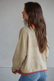 Taupe Ecru Orange Trim Sweater Crew Neck Cardigan