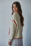Beige Sweater Piper Cardigan with Red Stitch