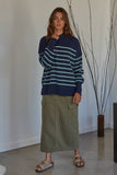 Knit Sweater Striped Pullover Top: Navy Mint / L