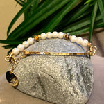 Cream Pearl Glass Beads with Hammered Bar Stretch Bracelet
