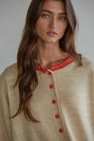 Taupe Ecru Orange Trim Sweater Crew Neck Cardigan