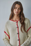 Beige Sweater Piper Cardigan with Red Stitch