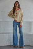 Taupe Ecru Orange Trim Sweater Crew Neck Cardigan