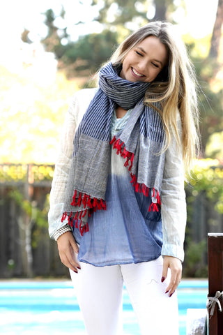 Nile Blue Cotton Scarf with Tassels