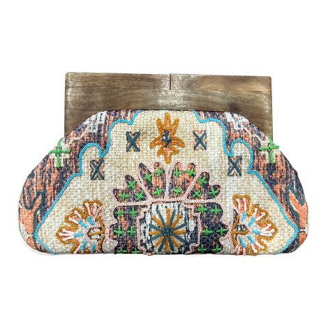 Tapestry Clutch with Wooden Handle
