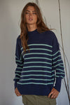 Knit Sweater Striped Pullover Top: Navy Mint / S