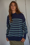 Knit Sweater Striped Pullover Top: Navy Mint / L