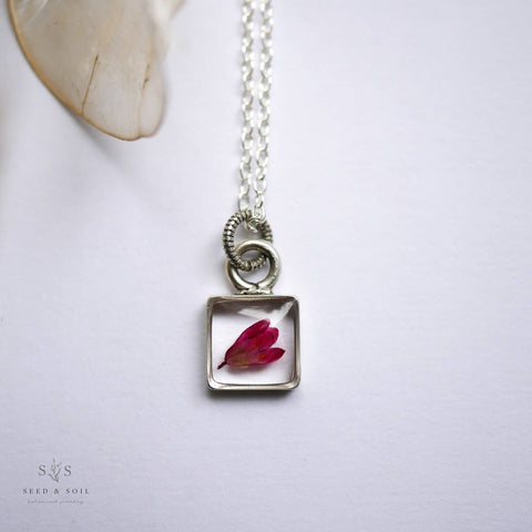 Tiny Square Pendant: Coral Bell / Gold / 18" Plain Chain