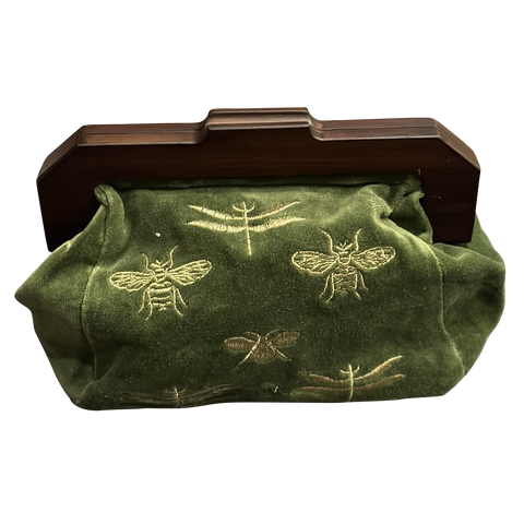 Bees on Royal Green Velvet Clutch with Wooden Handle